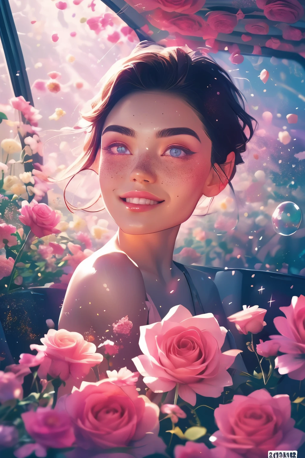 (This is a beautiful, intricate, (romatic) fantasy image that emphasizes beauty and grace.) Generate a blind curvy woman with soft natural freckles. Her face is important and should be (perfectly formed) with (beautiful puffy lips) and (perfect features). There is a cute freckle birthmark on her lip. The image exudes ethereal beauty and soft fantasy, with shimmering shades of pink throughout. Surround her with eternal roses in shimmering shades. Ensure perfection in her face, hair, and eyes. Include sweet and detailed birds and soft, luminous flowers and detailed roses. Utilize dynamic composition and dramatic lighting and cinematic lighting to create an interesting fantasy image. The background of the image is interesting and ultra-detailed, with soft fantasy lighting and gradients. Include fantasy details, cute aura, colorful, colourful, and interesting magical background. The image's background is decorated in shades of pink, shimmer, glitter, and fantasy details like colored bubbles and cosmos. Include subtle freckles, natural freckles and a diffused realistic skin tone. Incorporate elements of high fantasy, whimsy, and detailed elegance. English rose, princess, courtesan, noblewoman, sweet, lovely, calm, lovely, shimmering, glimmering, glittering, astrological fantasy, (((masterpiece))), (highest quality), magic rose, fantasy garden, beautiful face, perfect face, puffy lips, interesting, shy smile, fantasy elements, magic rose, beautiful eyes, perfect puffy lips, jewel tones, luminosity. Taken with a canon camera.