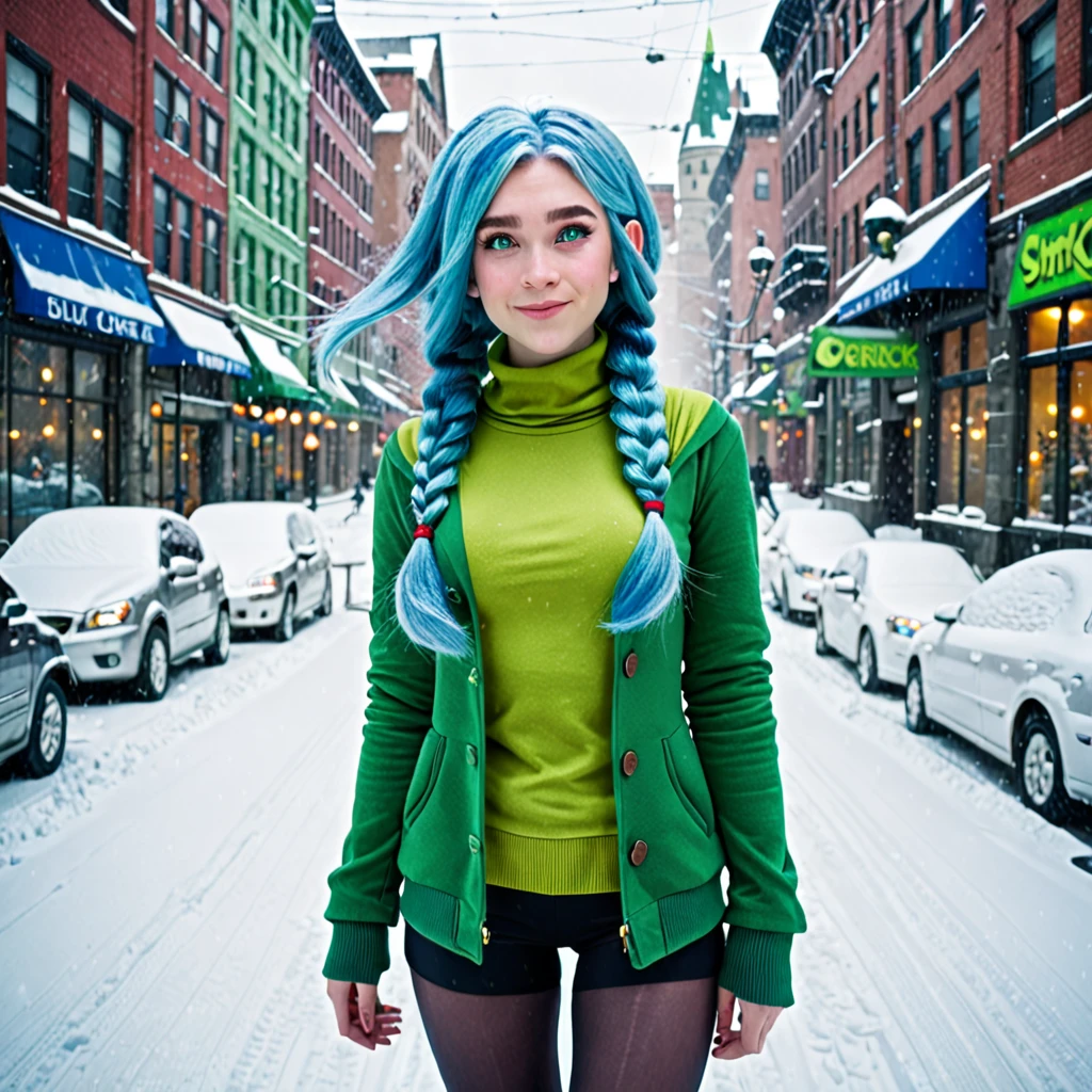best quality,ultra high res,1girl,solo,full body,snow,city,, blue hair,green eyes,jk, shrek
