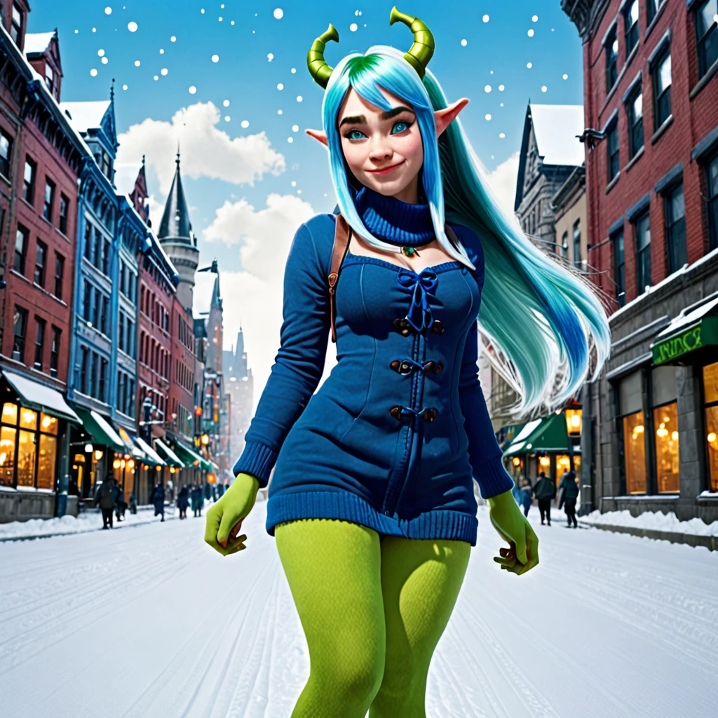 best quality,ultra high res,1girl,solo,full body,snow,city,, blue hair,green eyes,jk, shrek