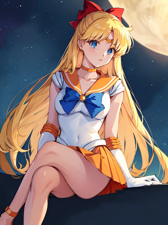 masterpiece, best quality, highres, venus1, 1girl, solo, sailor senshi uniform, sailor venus, aino minako, blonde hair, magical girl, blue eyes, orange skirt, elbow gloves, tiara, pleated skirt, hair bow, orange sailor collar, miniskirt, choker, red bow, orange choker, white gloves, very long hair, jewelry, earrings, sitting, crossed legs,