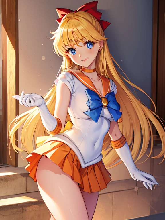 masutepiece, Best Quality, High resolution, venus1, 1 girl, Solo, Warrior Sailor Suit, sailorvenus, aino minako, Blonde hair, magical , Blue eyes, Orange Ultra Mini Skirt, Elbow length gloves, tiarra, Pleated skirt , Hair Bow, Orange Sailor Necklace, Ultra mini skirt, Choker, Red bow, orangechoker, White Gloves, Very long hair, Jewelry, earrings, Climb the stairs, close-up, Smile, Cowboy Shot, Sailor Senshi Uniform, Sailor collar, Pleated skirt, elbow groves, Show me the loot, Large loot has no strings, Full body, Rabbit, Close-up loot, Slim Girl, Skinny Girl , big booty.
