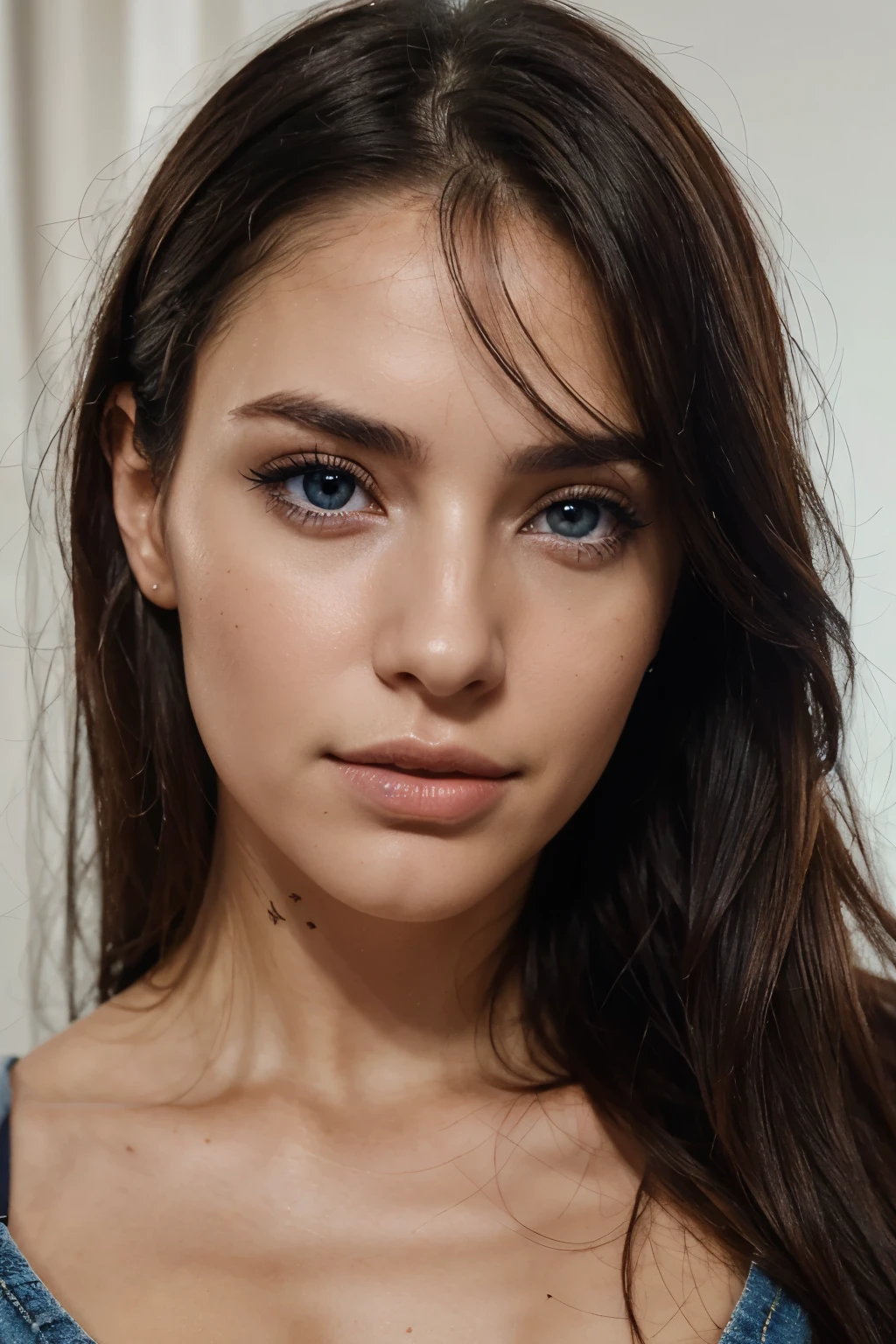 realistic portrait photo of beautiful woman with dark hair, slightly faded hair roots, spanish, ultra textured skin, influencer, blue eyes, no makeup, instagram