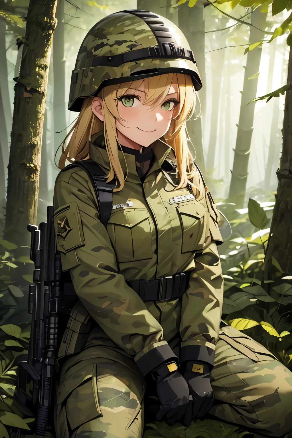 1girl, Militar equip, soldier, yellow eyes, Blonde medium hair, detailed face, ((full body)), cute face, (green militar uniform), smiling, (camouflaje), forest, helmet, black gloves