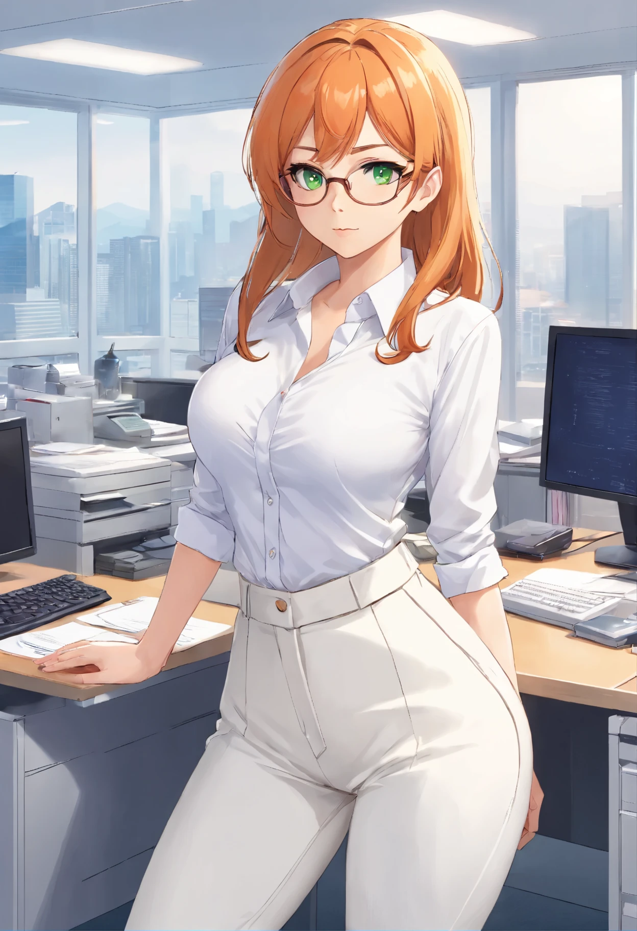 (masterpiece, Best quality), 8K, ultra detailed, realistic photo, Detailed face, perfect lighting, green eyes, bright orange hair, bright hair, fox ears, nice legs, side photo, beautiful, Cute, skin pores, 1 girl, stand in the office, hiking, Office pants, perfect shirt, fully dressed, beautiful women 30 years old, Beautiful proportions, Russian woman, Caucasian, European, Business lady, stunningly beautiful woman, mother, thick legs, show ass, big breasts, (Thin white shirt:1.4), thick, hot, (White Office Wear:1.4), tight pants, (wide hips:1.2), thick, (white Office pants:1.3), spread your legs, Legs open, full length, wide hips, Glasses