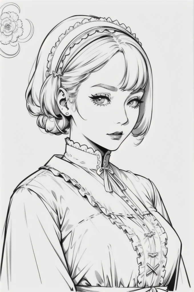 Drawing of a mature woman, realistic portrait, asian girl, white hair and outfits, goth ta outfits, horror look. No shading or shadow Best lineart, clean flat lineart, Black and white monochrome, thin pen lines. No colors or shading. Flat white background
