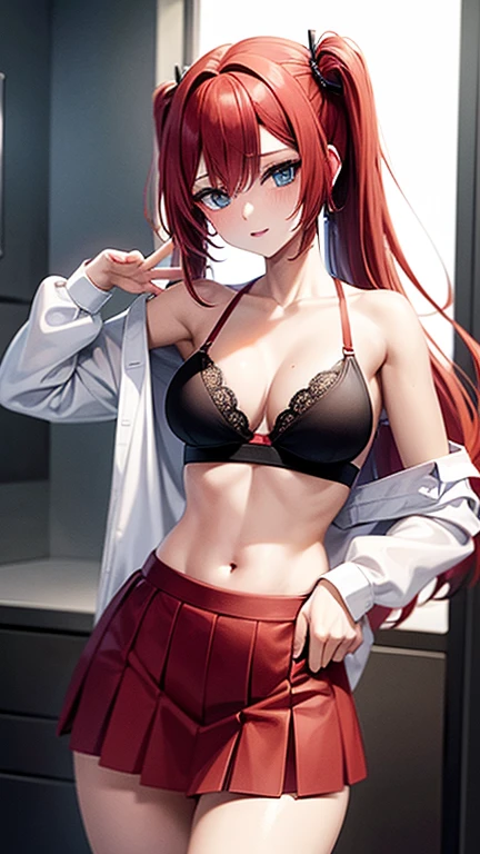 An anime girl with red hair and blue eyes wearing a skirt and an open shirt revealing a black and red bra