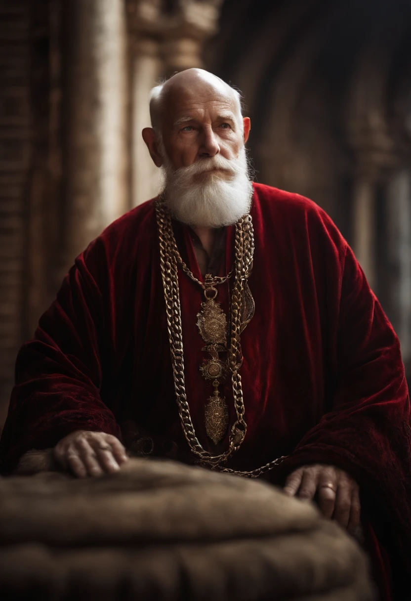 Man, 84, old, bald, white sprouts, arm-long white beard, wrinkles, spots, wears thick chain that consists of two dozen heavy chains wound together, black medieval shirt, loose red velvet robe, ermine collar, golden fastenings, looking at viewer, detailed background, (light fantasy theme:1.1)