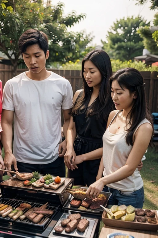 Two Asian men and two Asian women enjoying a barbecue