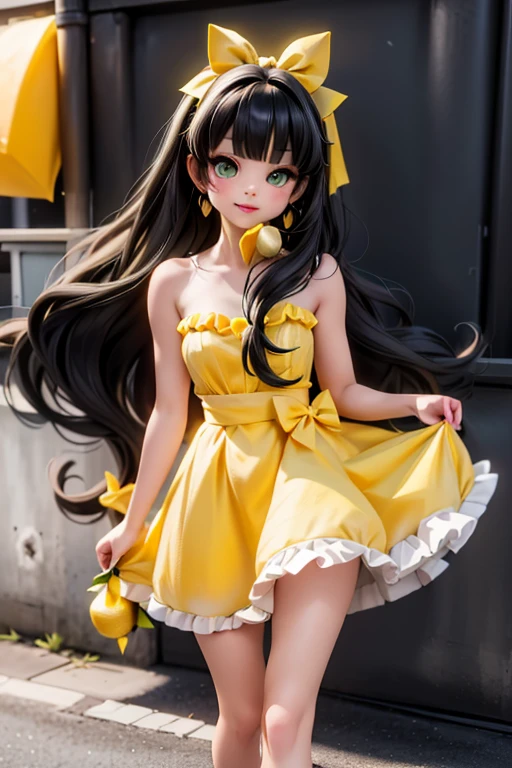 a cute girl ((eating lemon)), ((lemon eating)), (green) eyes, (green, eyeshadow makeup), red lips, (black hair), very large hair, fashion runway hairstyle, lemon hairbow, lemon earrings, earrings with the shape of lemon, green choke, (green) strapless crop shirt, (puffy) skirt, white nylons, (green) pumps, ((pumps)), (leaping), lemon kingdom at night, night scene.