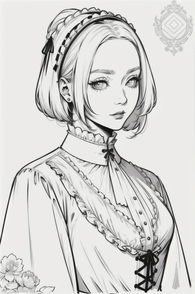 Drawing of a mature woman, realistic portrait, asian girl, white hair and outfits, goth lolita outfits, horror look. No shading or shadow Best lineart, clean flat lineart, Black and white monochrome, thin pen lines. No colors or shading. Flat white background