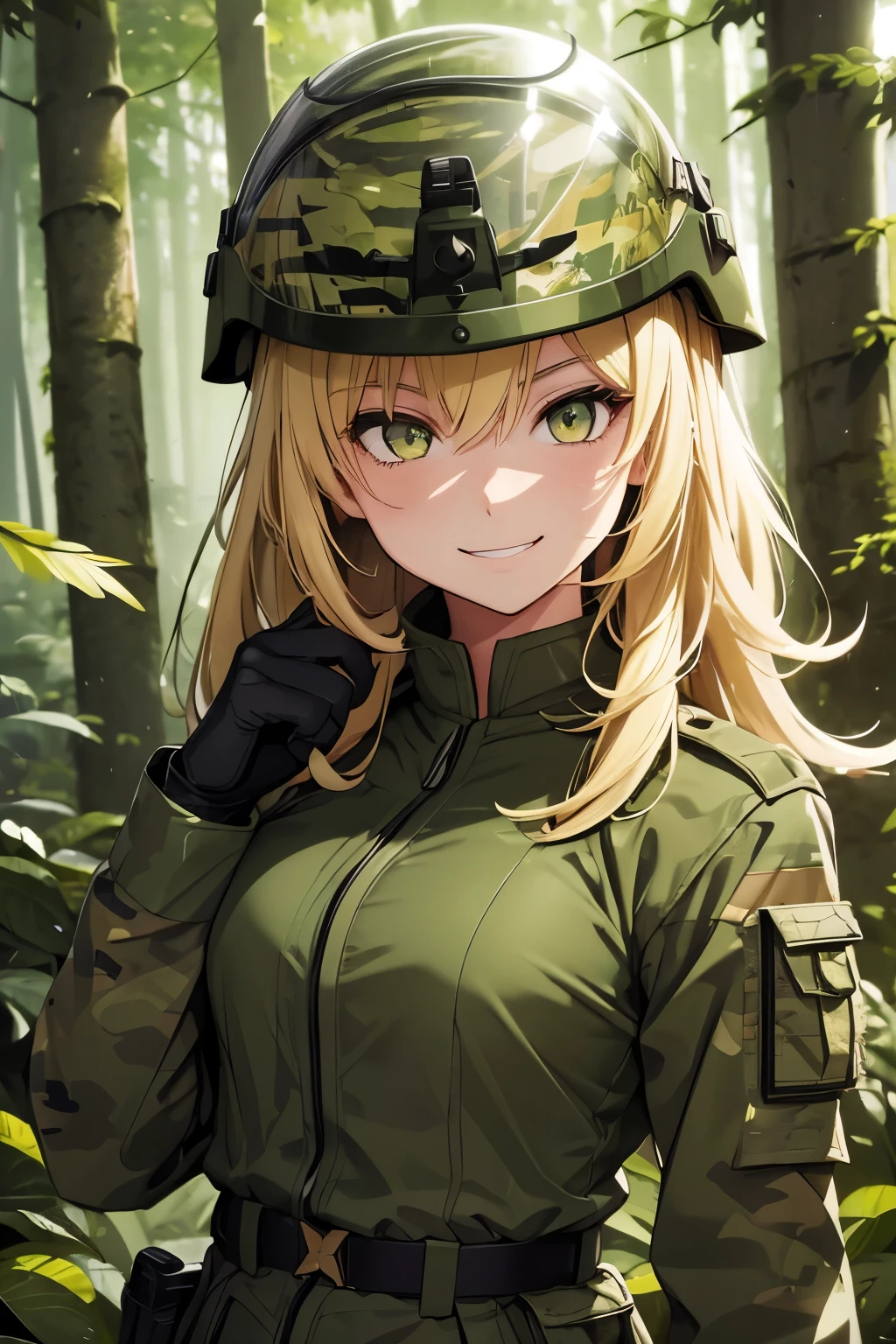 1girl, Militar equip, soldier, yellow eyes, Blonde medium hair, detailed face, ((full body)), cute face, (green militar uniform), smiling, (camouflaje), forest, helmet, black gloves