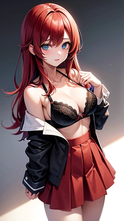 An anime girl with red hair and blue eyes wearing a skirt and an open shirt revealing a black and red bra