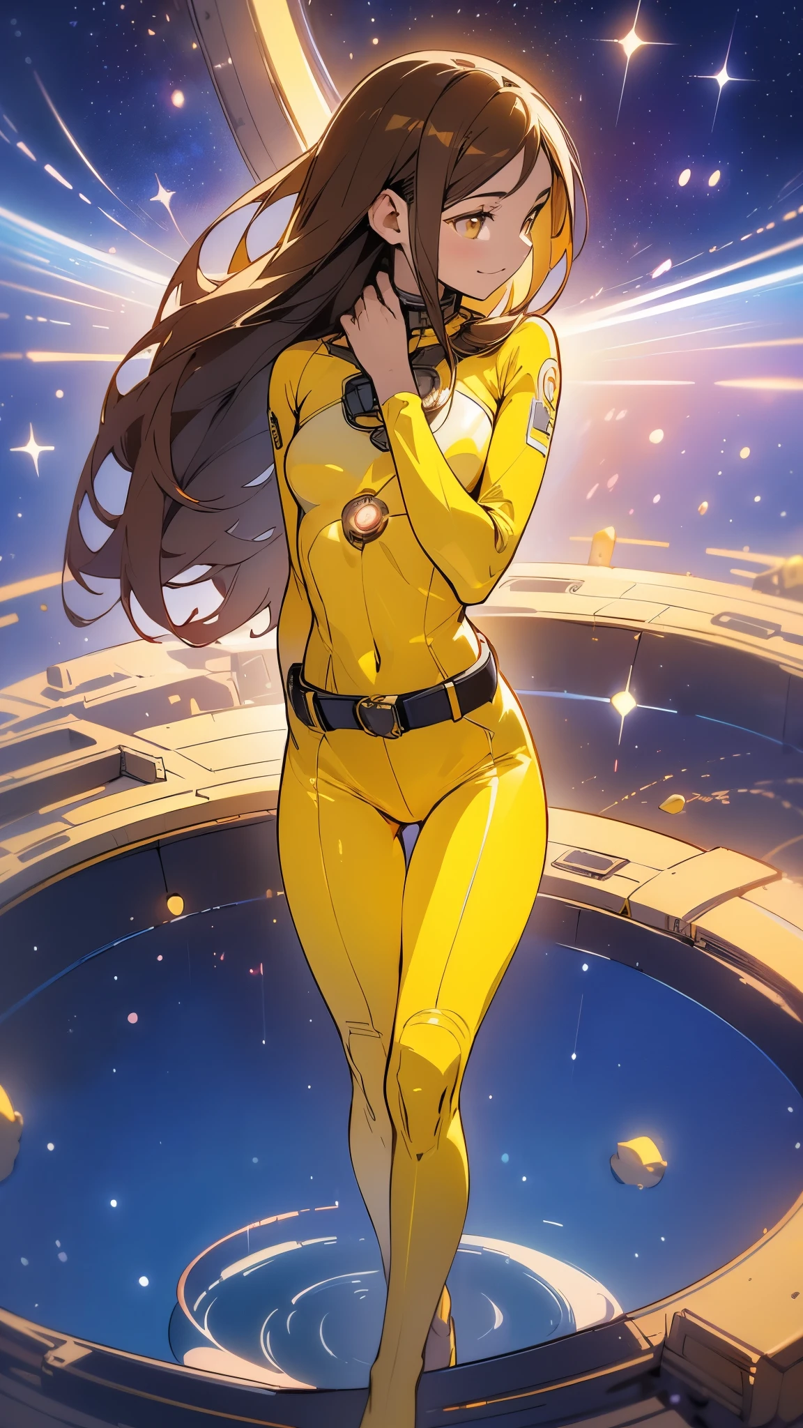 (highest quality, 4k, High resolution, masterpiece:1.2), Super detailed, (anime style, photorealistic:1.37), cinematic light, Bright colors and mesmerizing effects, Soft and delicate lighting, gentle shine, Beautiful and gentle atmosphere throughout the scene, (1girl:1.5), joven, (Cara finamente detallada:1.4, Ropa detallada), (Detallado:1.4) named (Eimi Fukada:1.1) BREAK Cara hermosa, Profundidad de campo, Agregar capa, 27 years old, Modelo de cuerpo perfecto, senos perfectos, 175cm de altura, pose sexy, full body, cuerpo completo, Tipo de cuerpo del modelo, BREAK (thigh gap, yellow bodysuit:1.5), (Cabello largo:1.2), (brunette:1.1), dark brown hair, doble parpado, (reddish brown eyes:1.5) BREAK nijistyle, smile, (standing:1.1), thigh gap, sensual pose, sideview, perfect hands, bright starship interior, (outer space view:1.1), (orbital view:1.3), (night, stary sky:1.5), milky way