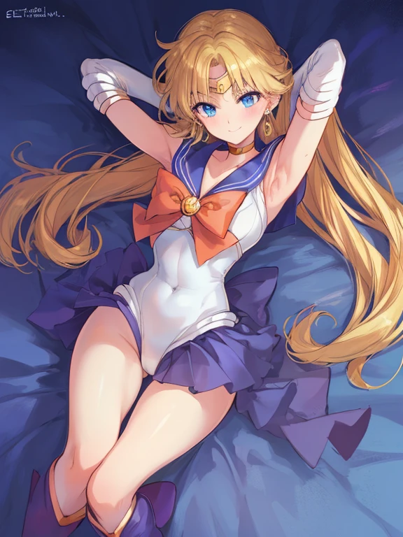 ​masterpiece, top-quality, hight resolution, 8K, Hi-Res, ultra-detailliert, 1girl in, (Anatomically correct), Full limbs, complete fingers, Slender 18 year old beautiful active girl, blue eyess, Slender eyes, a blond, Very long hair, (Sailor Moon: 1.3), (white  leotard),  (Sailor color in orange), the bow, (Over-the-knee boots:1.1), a choker, (white glove), Orange Choker, (elbowgloves), (Orange skirt), sole, (Lying in bed), A smile, High school students, Full body like, Bust 86, Waist 58, Hip 88, (full of sweat), (Put your hands behind your head, Show the armpits:1.28), (Tempered body, Toned body, Split abs:1.1), (Sexy Posing)
