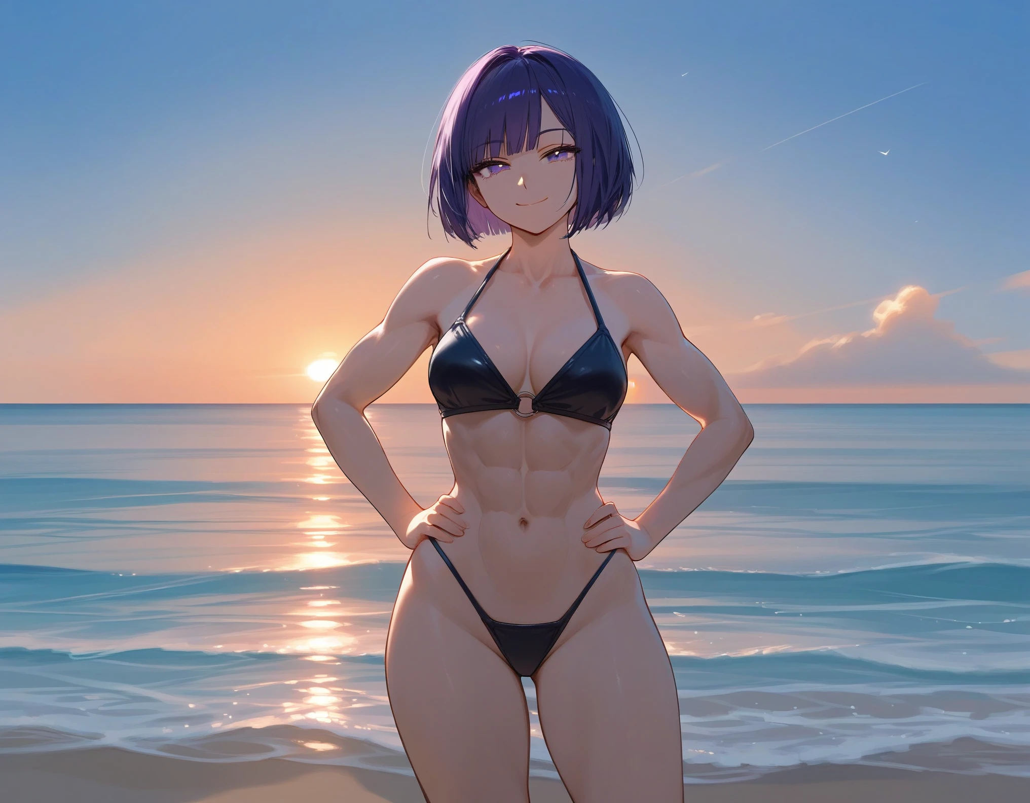 1girl, solo, short hair, sidelocks, bob cut, dark purple hair, purple eyes, swimsuit, black bikini, medium breasts, woman, standing, hands on hips, happy, looking at viewer, narrowed eyes, small smile, closed mouth, athletic body, thighs, [muscular woman], perfect hand, beach, ocean, sunset, backlight, looking away, masterpiece, score_9, score_8_up, score_7_up