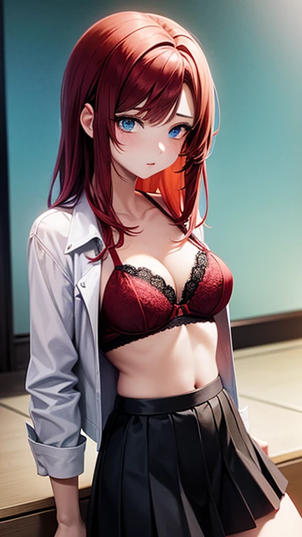 
An anime girl with red hair and blue eyes wearing a skirt and an open shirt revealing a black and red bra