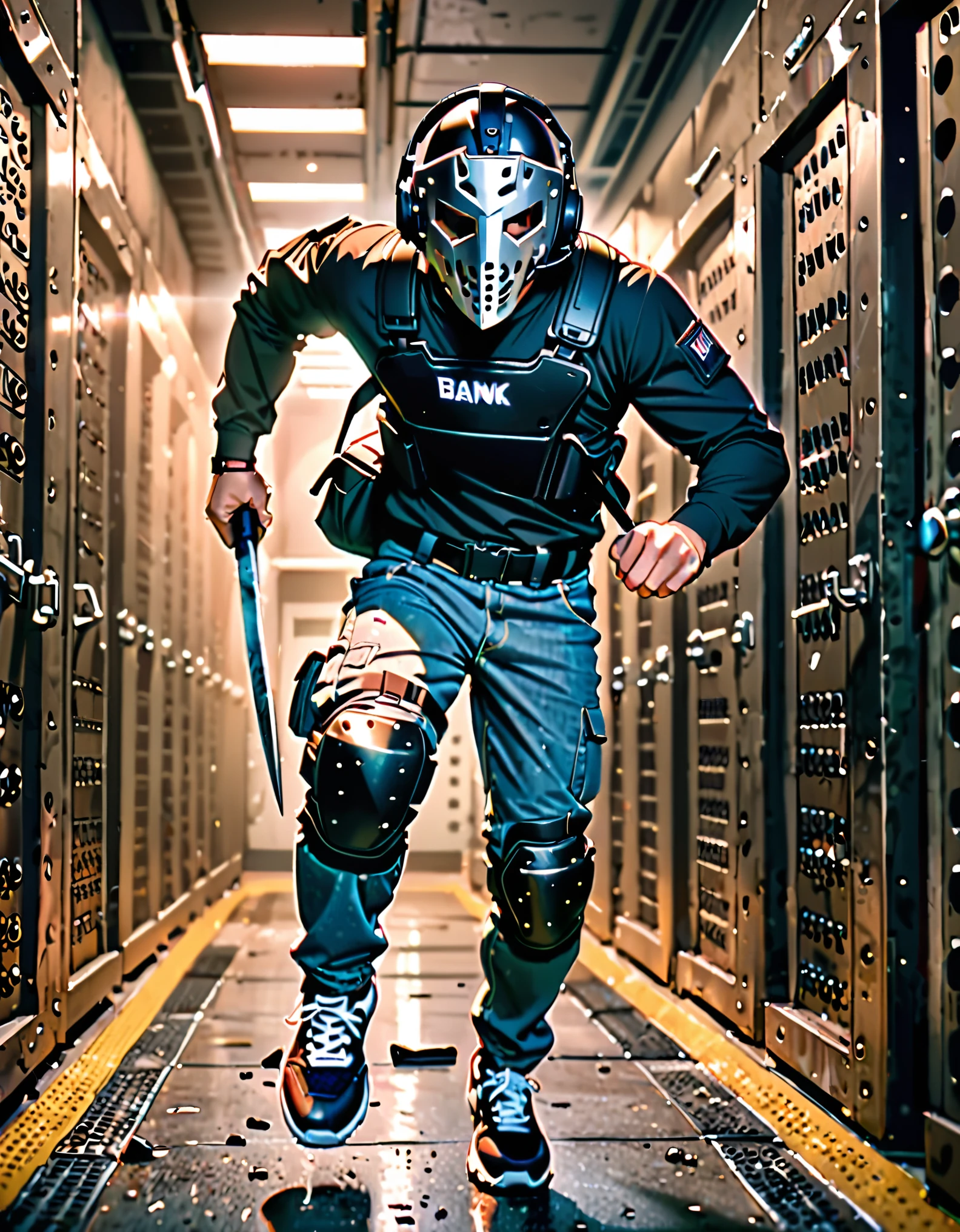 masterpiece, best quality, 1man, male focus, villain, solo, solo focus, jeans, (umpire chest protector), (perfect hands, using sickle), (knee pads, matching knee pads), (black t-shirt, long sleeves), tactical headset, backpack, (hockey mask), sneakers, full body, running towards viewer, bank vault, indoors, intense atmosphere.