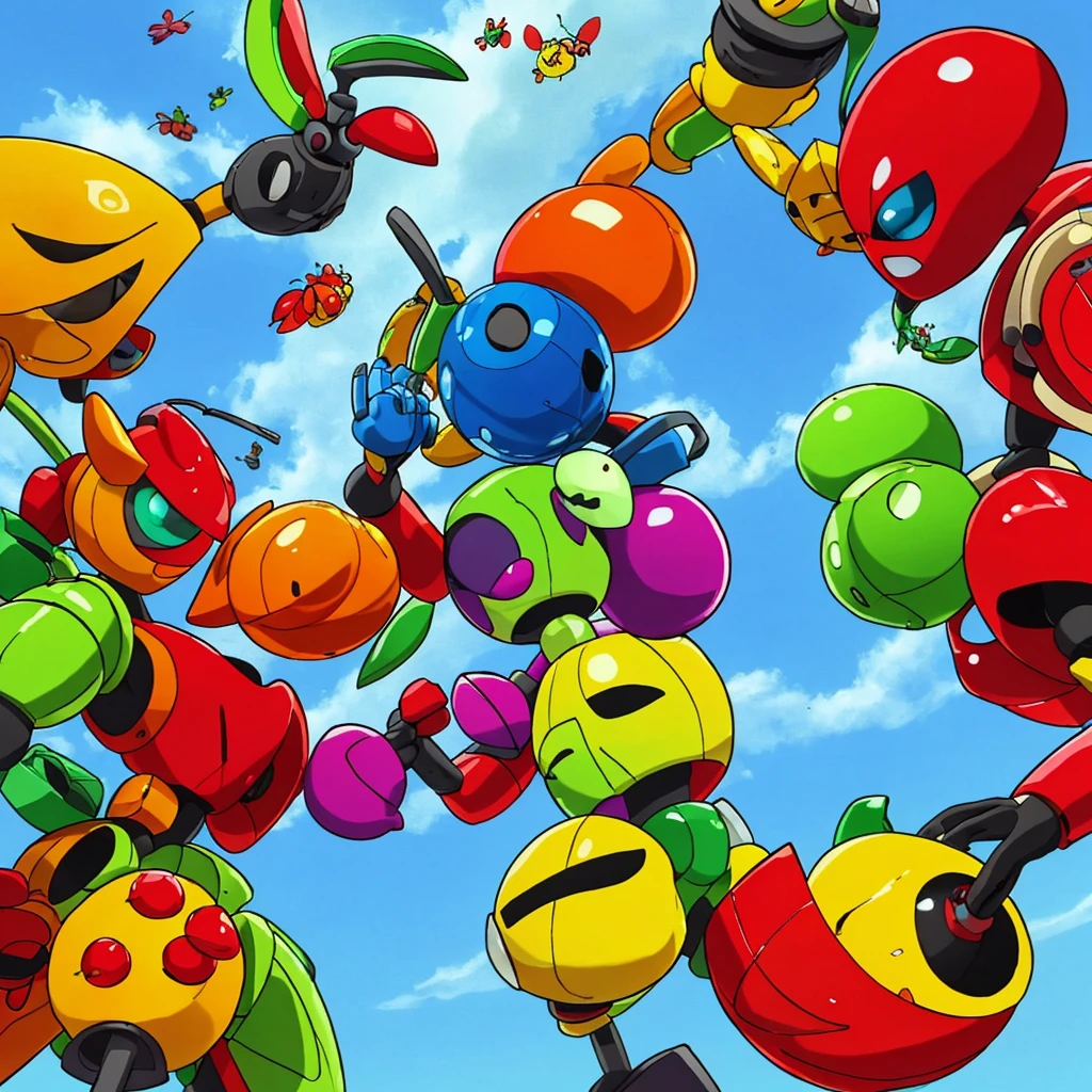 Fruit themed robots with feminine forms (colorful, curvy, sultry) face off against insect themed robots with male forms 9powerful, bulky), epic showdown on a battle scarred cyber world