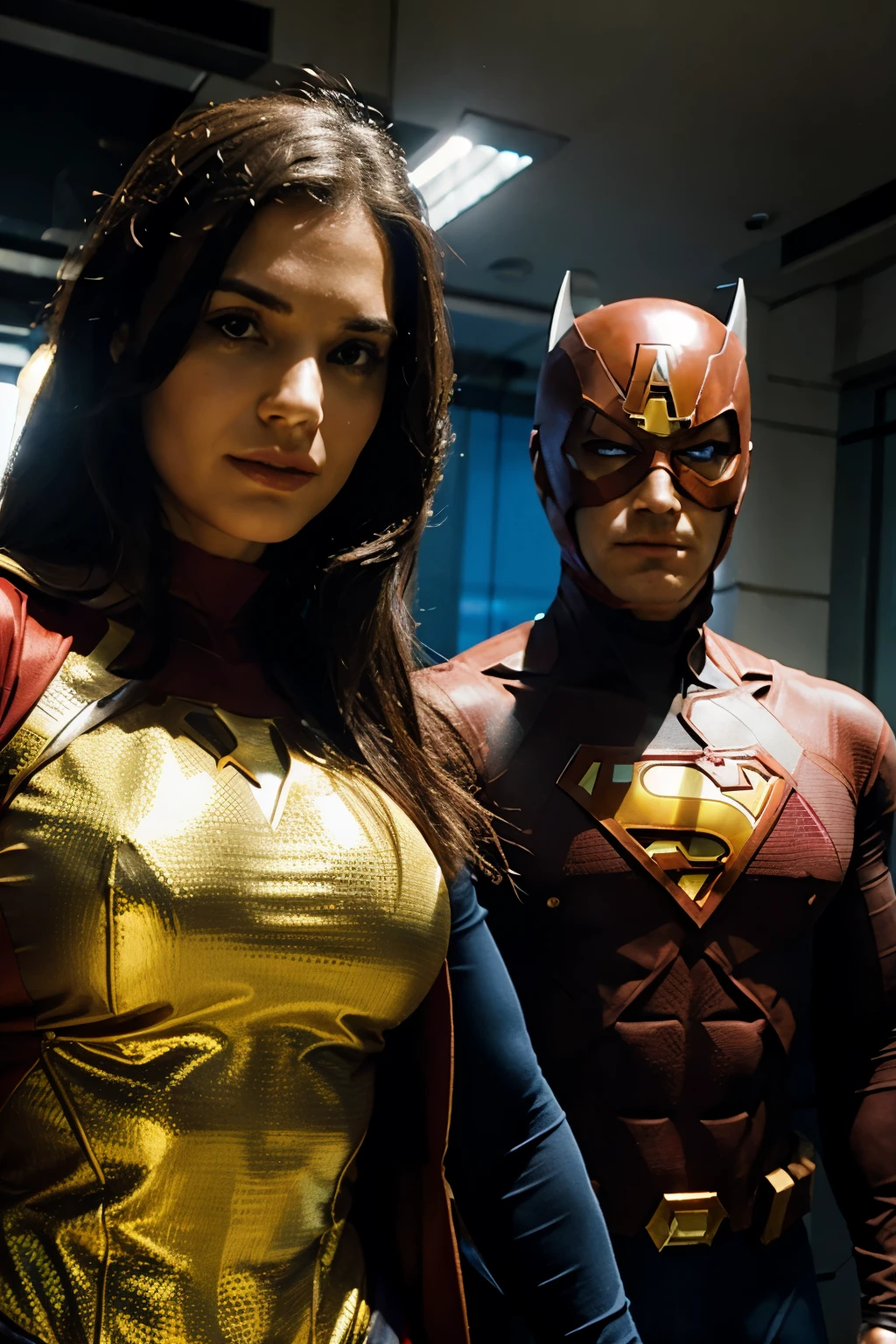 Make Lily Collins have round, big circular eyes, brown hair color, wearing a white and pink superhero suit, and a young, tall, blond man with long hair, wearing a black superhero suit , with a gold cape and a gold waist, and a gold logo