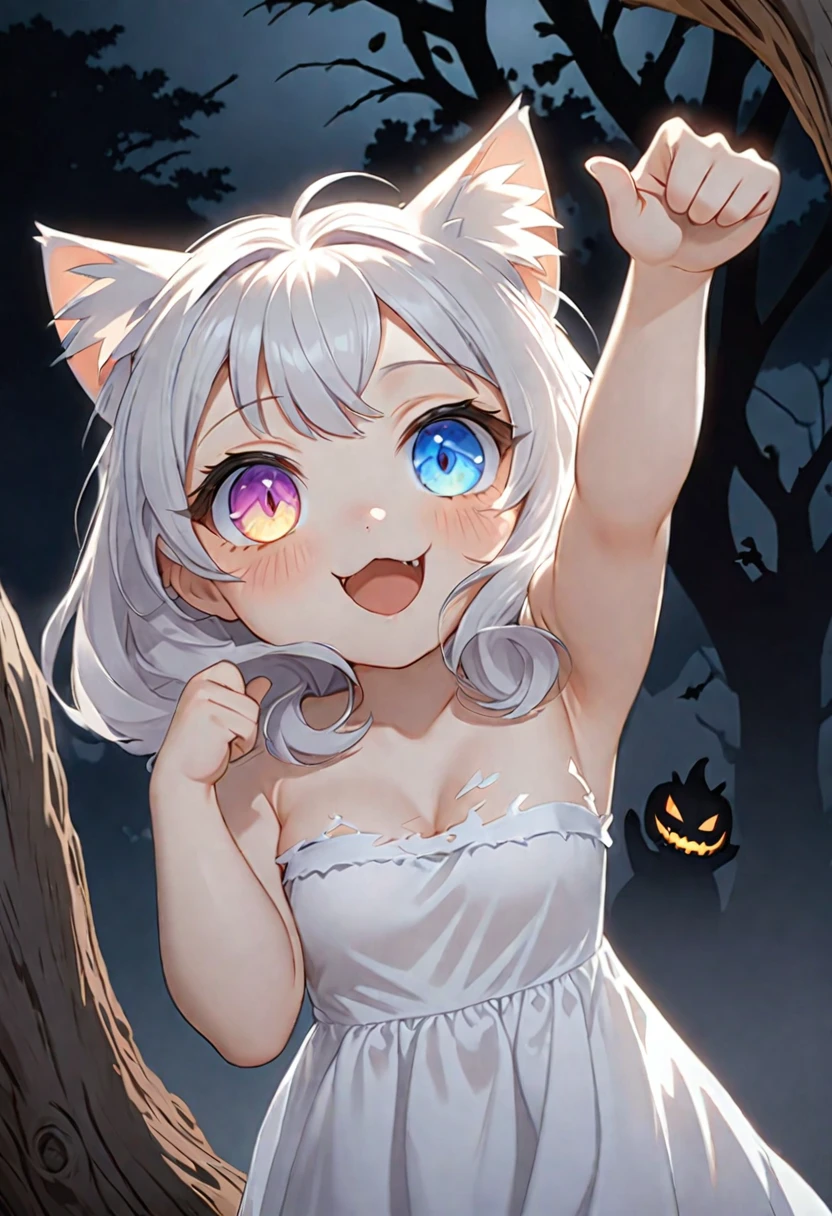 cat girl, chibi, unknown, transparent silhouette, transparent hair, Transparent skin, stitches all over the body, Heterochromia, Different eyes, torn dress, reaches for the sign, which hangs on a scary tree, scary tree, Rendering, Anime background art, winner of the pixiv competition, Anime girl with cat ears cute!! chibi!!! cat girl, милый anime cat girl, with index finger, Nekomimi, anime cat girl!, cat girl, chemonomics, run, furry фураффинность, masterpiece, top quality, Best quality, official art, Beautiful and aesthetically pleasing:1.2), 2D, (Best quality, masterpiece), anime, (very detailed face), (very detailed eyes), Black background, lightning, Castle, Ideal lighting, invisible, Halloween, (очень детально torn dress), (очень детально transparent silhouette)