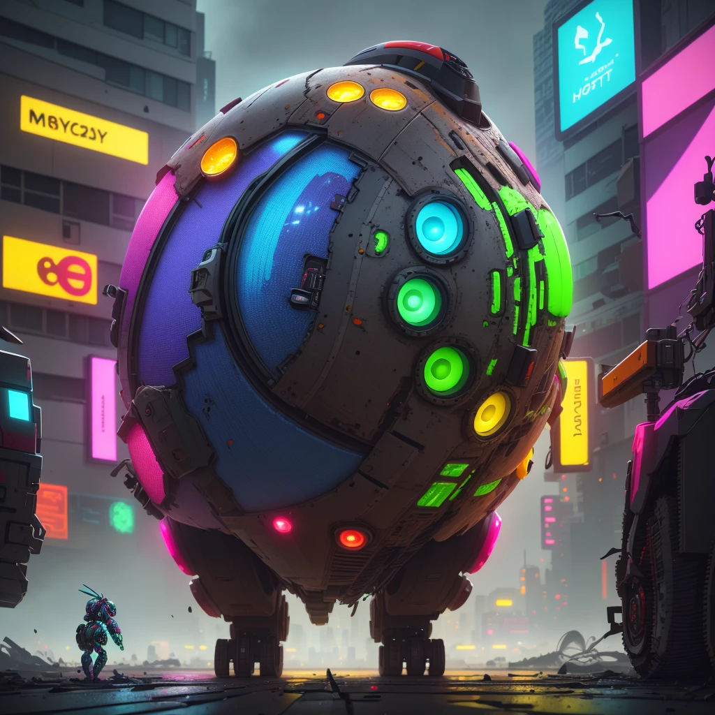 a colorful and curvy female robot fruit themed, a powerful and bulky male robot insect themed, epic cyberpunk battle scene, highly detailed, 8k, cinematic lighting, dramatic atmosphere, photorealistic, intricate machinery, glowing neon lights, cracked and battle-scarred urban landscape, moody color palette, volumetric fog, dynamic poses, intense action, masterpiece