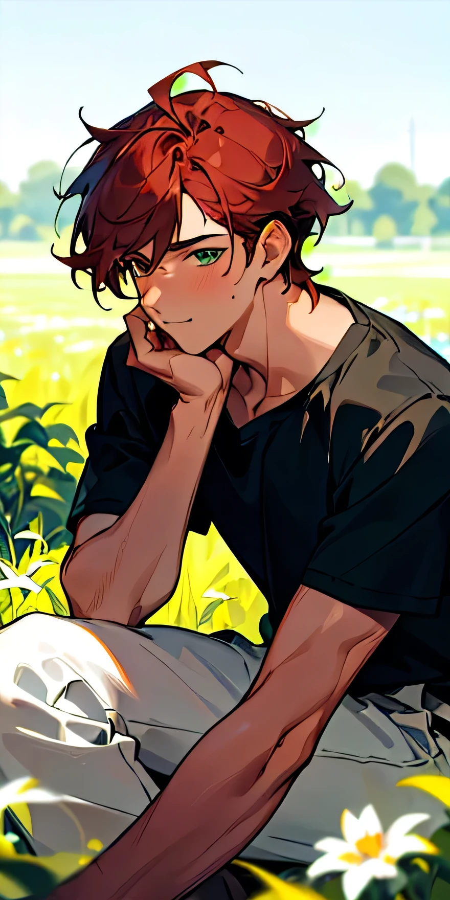 (masterpiece, best quality),1boy with short messy auburn hair, sitting in a field of green plants and flowers, his hand under his chin, warm lighting, black shirt, blurry foreground, soft smile, slightly tanned skin, side part hair, athletic body, handsome, looking up.