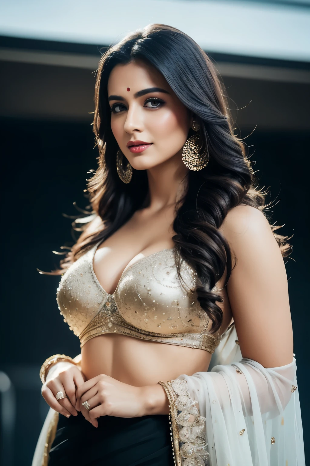portrait of A confident-looking indian woman princess with long flowing hair, hazel eyes, with white black saree, a smile on the face, royal and lusty look, red bindi, standing in cricket stadium, c-cup breast, perfect composition, hyperrealistic, super detailed, 8k, high quality, trending art, trending on artstation, sharp focus, sexy photo, intricate details, highly detailed, art by Greg Rutkowski