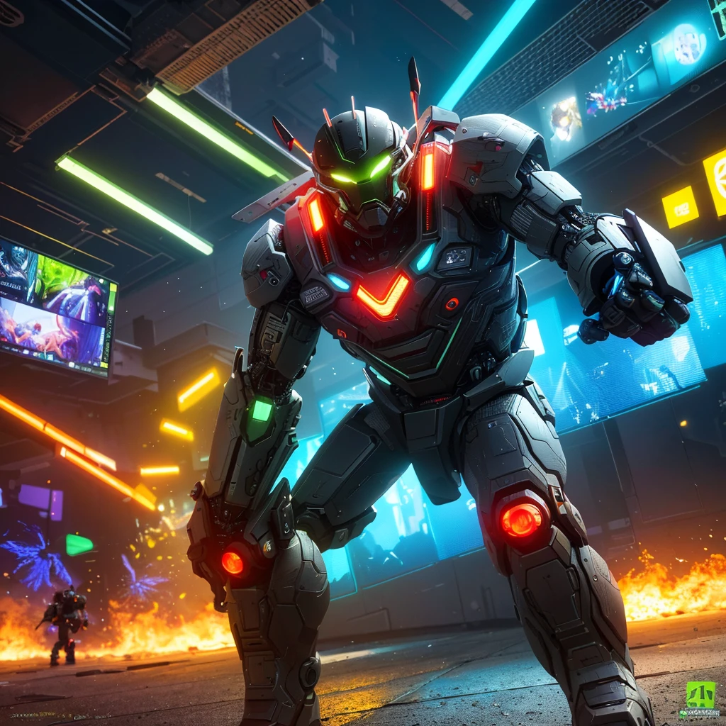 a colorful fruit-themed female robot, an insect-themed male robot, epic cyberpunk battle, highly detailed, cinematic, dramatic lighting, dynamic action pose, battle-scarred cyberpunk landscape, neon lights, volumetric fog, (best quality,4k,8k,highres,masterpiece:1.2),ultra-detailed,(realistic,photorealistic,photo-realistic:1.37),intricate mechanical details,powerful and aggressive poses,futuristic sci-fi setting,vivid colors,dramatic shadows,glowing energy effects,cinematic camera angle