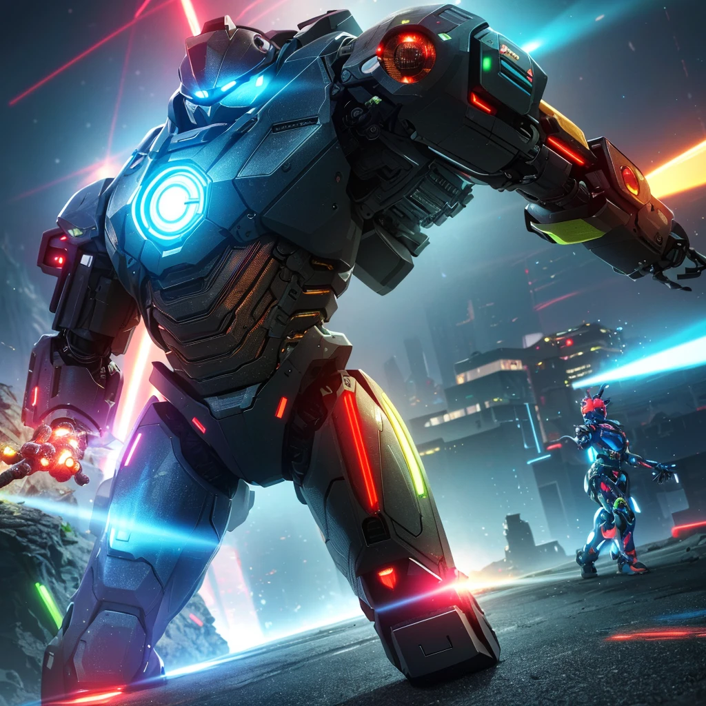 a colorful fruit-themed female robot, an insect-themed male robot, epic cyberpunk battle, highly detailed, cinematic, dramatic lighting, dynamic action pose, battle-scarred cyberpunk landscape, neon lights, volumetric fog, (best quality,4k,8k,highres,masterpiece:1.2),ultra-detailed,(realistic,photorealistic,photo-realistic:1.37),intricate mechanical details,powerful and aggressive poses,futuristic sci-fi setting,vivid colors,dramatic shadows,glowing energy effects,cinematic camera angle