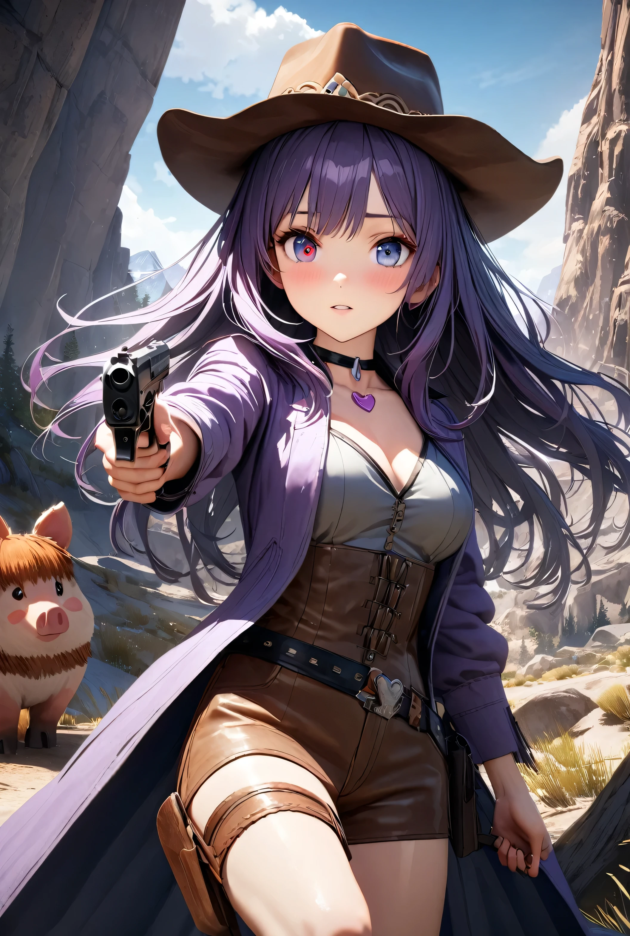 Masterpiece, Best Quality, Super Detailed, High Definition, Expensive Resolution, HDR, 4k, 8K, Unity 8k Wallpaper, Super Detailed CG, Masterpiece, Realistic, 2D, 3D, Beautiful Details, Depth, Fine Texture, Super Fine: 1.3, Fully focused, crispy, skin, .he, Very cute anime girl, ((blue left eye, red right eye, odd eyes)),Break, desolate wilderness, cowboy style costume, cowboy hat, cowboy boots, handgun, lots of cute anime pigs around, Mexican wilderness, duel, handgun Standing with, purple long hair wearing expensive clothes, one girl, alone, purple long hair, cowboy style, cowboy hat, handgun, duel, cowboy boots under the eyes, looking at camera, expensive, blushing, mole, parted Lips, hair ornament, heart, choker, medium breasts