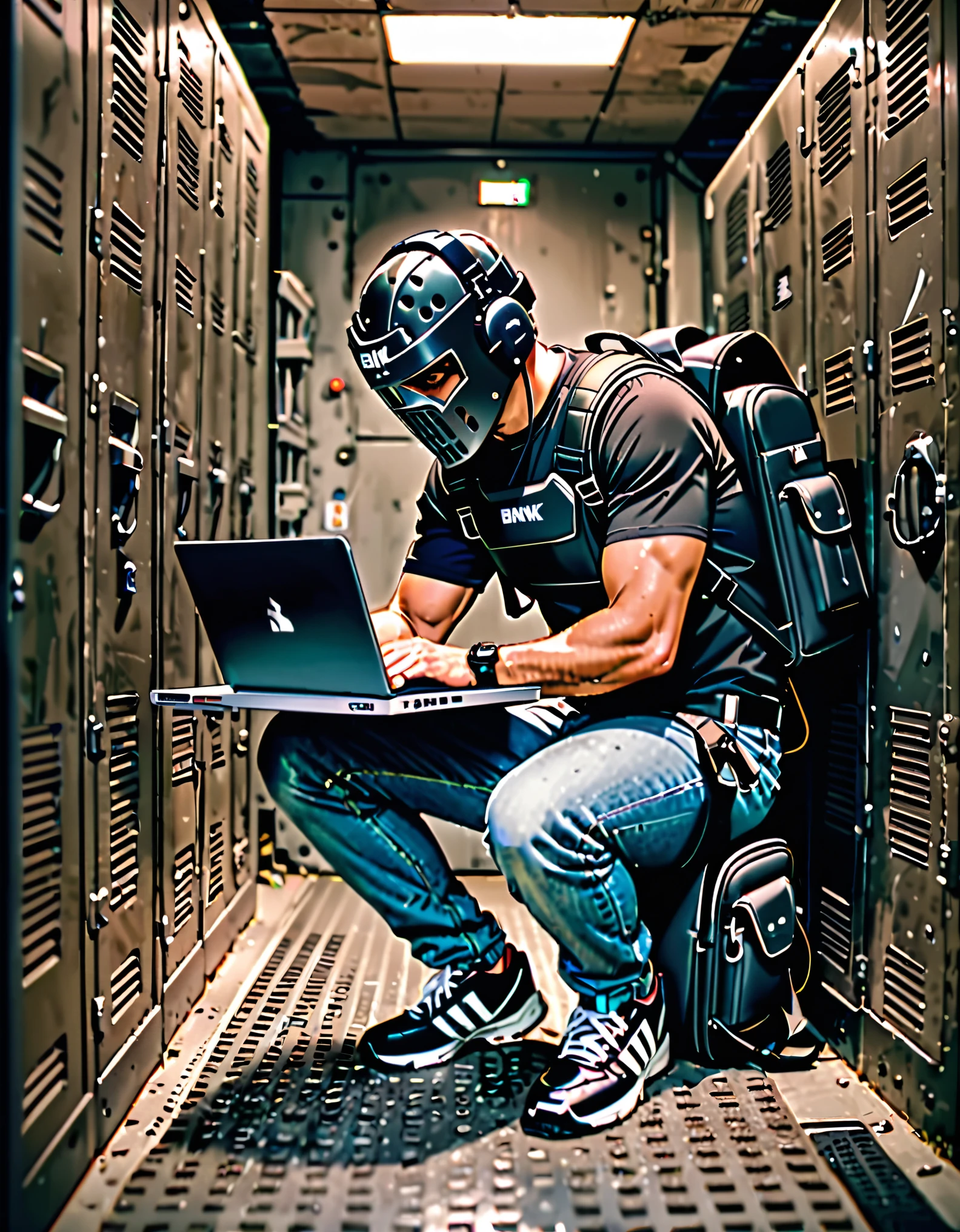 masterpiece, best quality, 1man, male focus, villain, solo, jeans, (umpire chest protector), (using laptop), shoulder pads, black t-shirt, tactical headset, backpack, (hockey mask), sneakers, full body, looking down, kneeing, bank vault