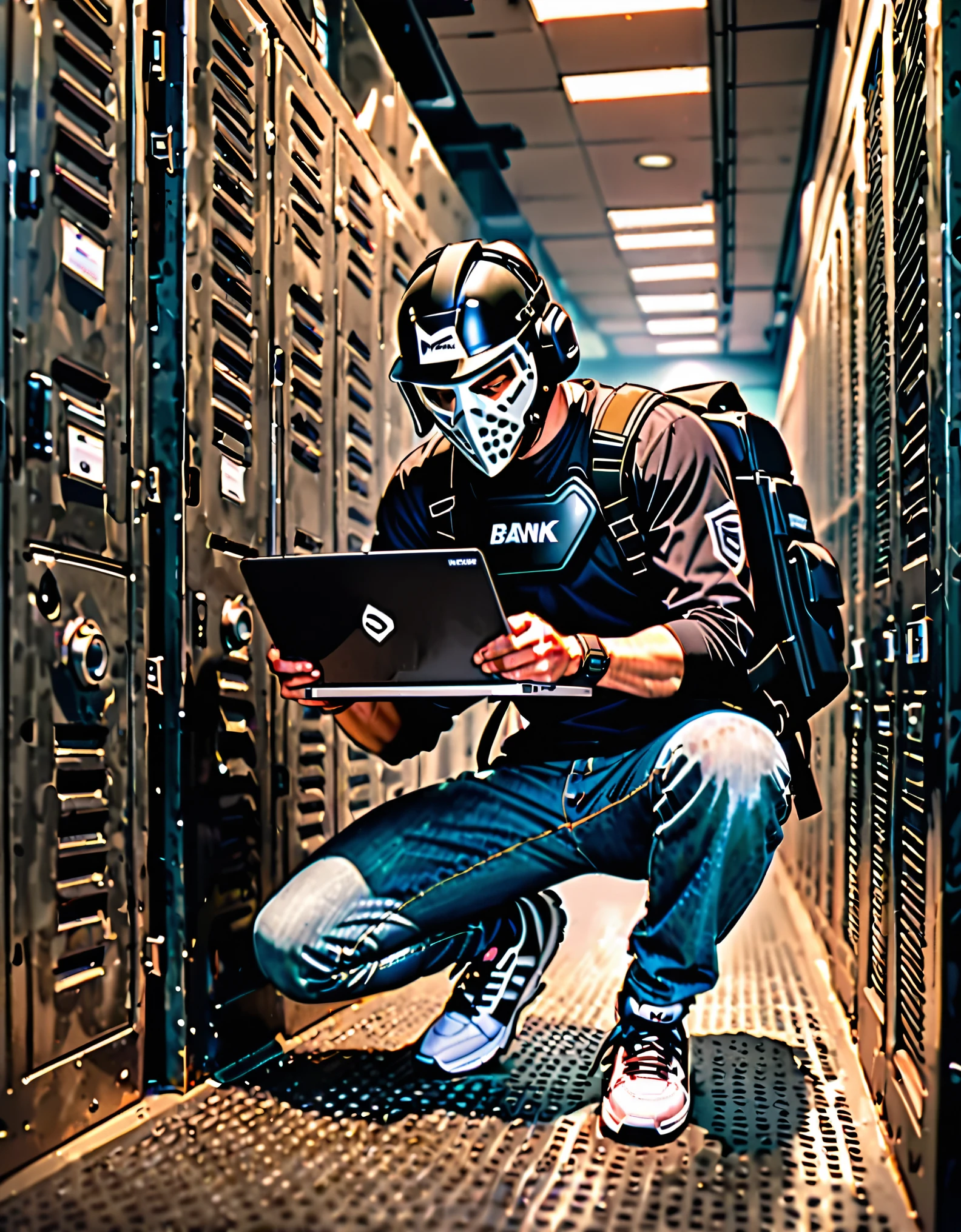 masterpiece, best quality, 1man, male focus, villain, solo, jeans, (umpire chest protector), (using laptop), shoulder pads, black t-shirt, tactical headset, backpack, (?????? mask), sneakers, full body, looking down, kneeing, bank vault