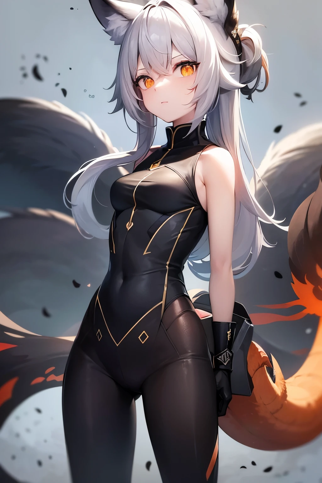Ants, Ants_(alliance_of_Legend), 1人of女of子, Absurd, animal_ear, black_hair, independent_sleeve, distribution, facial_mark, Fox_ear, Fox_tail, hand_superior, High resolution, alliance_of_Legend, length_hair, Snow Suit, magic, multiple_tails, white_tails, orange_eye, Broke up_lips, alone, Are standing, tail, full_body, 腕を背中of後ろに置く
