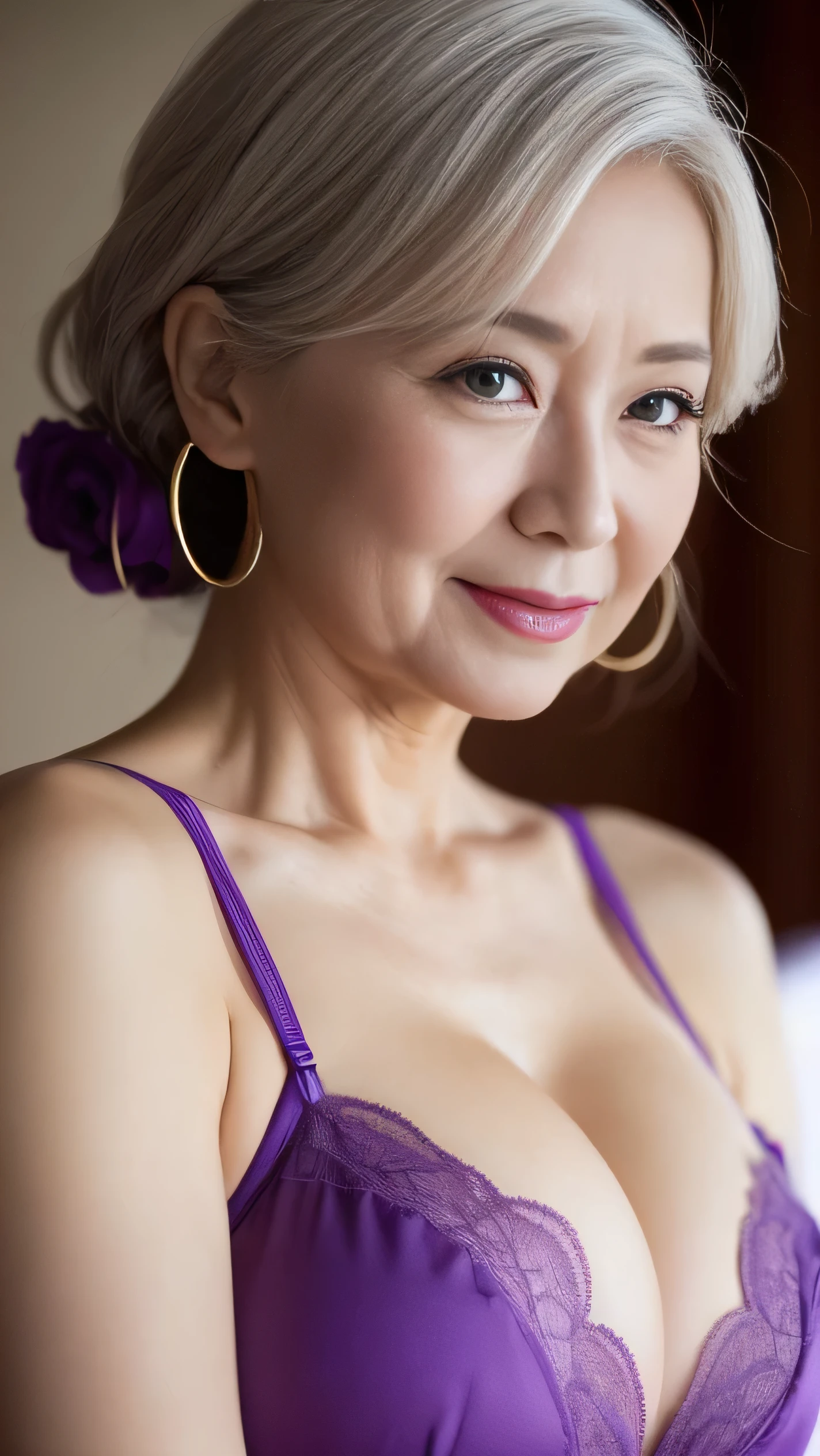 ((elderly Mature Woman)),Full body image ((concentrated)), (Beautiful woman), (news)Purple Lingerie, Purple stockings on legs, gravure, Depict lips accurately, Red lipstick, Purple Lingerie, senior citizen,Mature Woman, Flashy face, highest quality, super high quality, Realistic, Ultra-Dense Skin, Perfect description, (1 Japanese Mature Woman), (erotic), 100 years old, Big Breasts, charm, Glamour, sexy, Pure white skin, Looking at the audience,