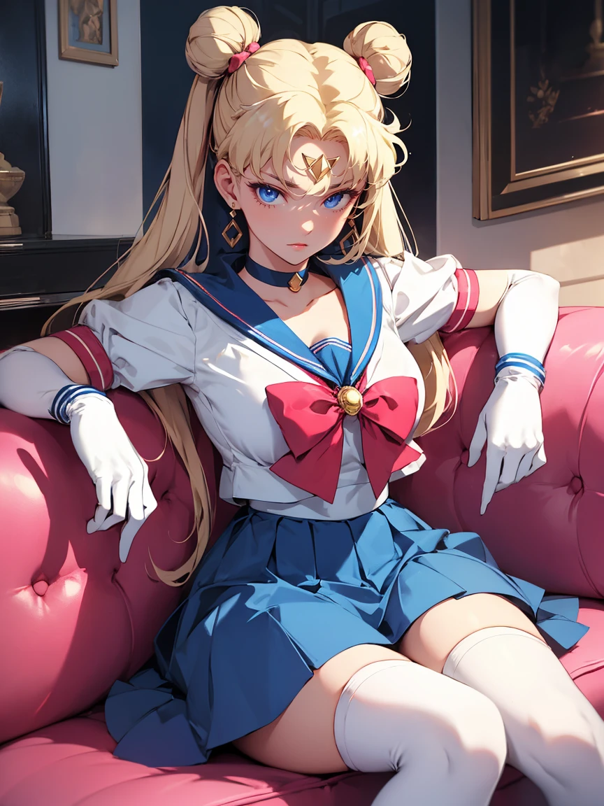(masterpiece),(sailor moon) (risograph) best quality, full-body shot, expressive eyes, perfect face, medium breast, good breast, beautiful, gorgeous ,sitting on a couch, blonde, medium shot, indoors, lab, cleavage, aausagi, double bun, twintails, parted bangs, circlet, jewelry, earrings, choker, red bow, white gloves, elbow gloves, blue skirt, feminine, blushing, masturbation from below, Grab your own breasts, sit on the floor, Spread your legs,