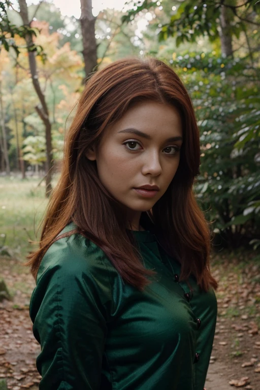 Un primer plano de una mujer con un vestido verde en un bosque, diosa pelirroja, better known as amoranto, amoranto, Pelirrojo girl, Pelirrojo woman, beautiful Pelirrojo woman, she is Pelirrojo, cabeza roja, en el bosque, impresionante hermosa, con pelo rojo y ojos verdes, reina del bosque, Pelirrojo queen in heavy red armor, Pelirrojo
