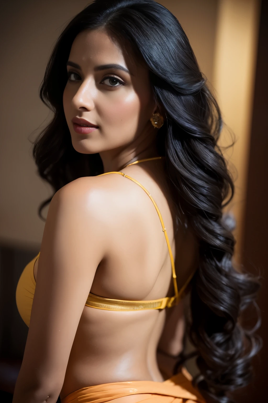 portrait from backside of A confident-looking indian woman princess with long flowing hair, hazel eyes, with yellow saree, a smile on the face, royal and lusty look, red bindi, standing in light background, c-cup breast, perfect composition, hyperrealistic, super detailed, 8k, high quality, trending art, trending on artstation, sharp focus, sexy photo, intricate details, highly detailed, art by Greg Rutkowski