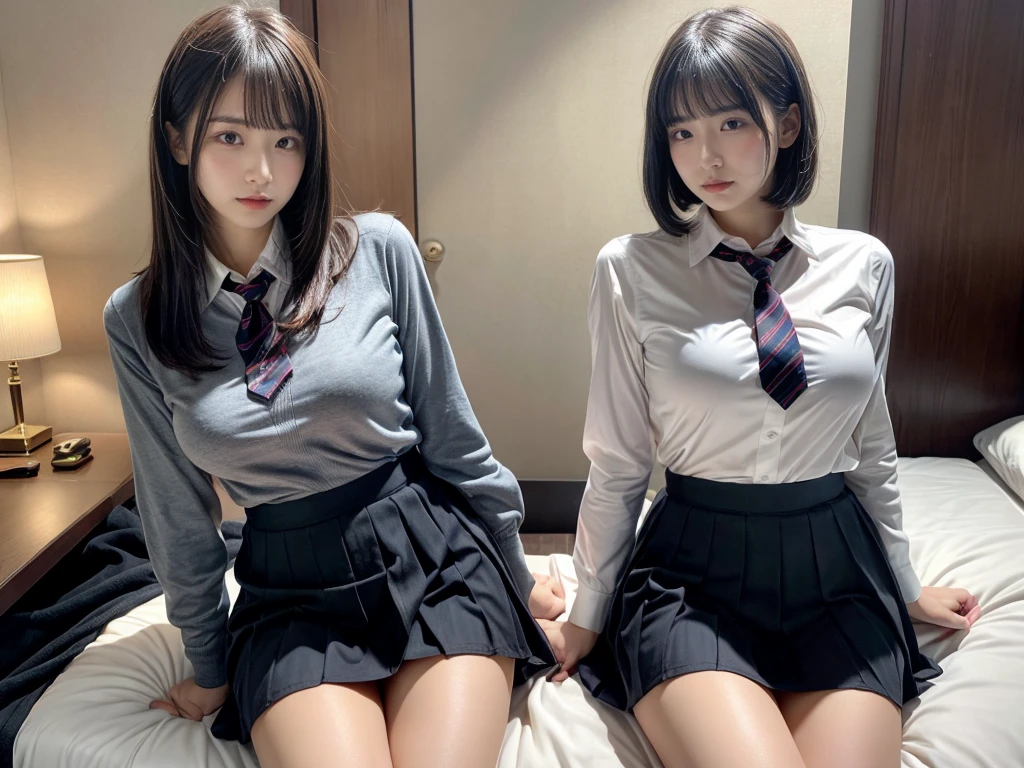muster piece, best quality, illustration, Super detailed, fine details, High resolution, 8K,wall paper, perfect dynamic composition,(Details High quality, realistic depiction of eyes:1.3), ((2 girls, 2 schoolgirls)),(collared shirt:1.1), pleated skirt, short bob hair、black hair color, Big Natural Color Lip, Play with each other,Touching each other's bodies,Touching the body of the girl next door,bold sexy pose, crying a little、cold gaze, acrobatic pose, 20 year old girl、beautiful legs, hotel room, gravure idol, Voluptuous thighs, huge breasts