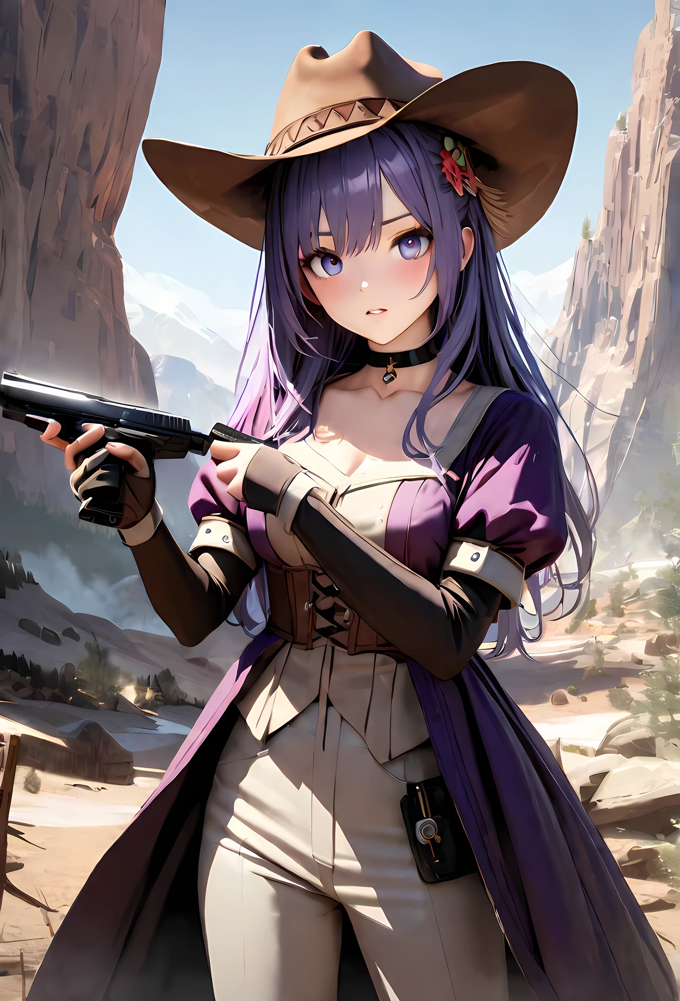 Masterpiece, Best Quality, Super Detailed, High Definition, Expensive Resolution, HDR, 4k, 8K, Unity 8k Wallpaper, Super Detailed CG, Masterpiece, Realistic, 2D, 3D, Beautiful Details, Depth, Fine Texture, Super Fine: 1.3, Fully focused, crispy, skin, .he, Very cute anime girl, ((blue left eye, red right eye, odd eyes)),Break, desolate wilderness, cowboy style costume, cowboy hat, cowboy boots, handgun, lots of cute anime pigs around, Mexican wilderness, duel, handgun Standing with, purple long hair wearing expensive clothes, one girl, alone, purple long hair, cowboy style, cowboy hat, duel, cowboy boots under the eyes, looking at camera, expensive, blushing, mole, parted Lips, hair ornament, heart, choker, medium breasts 