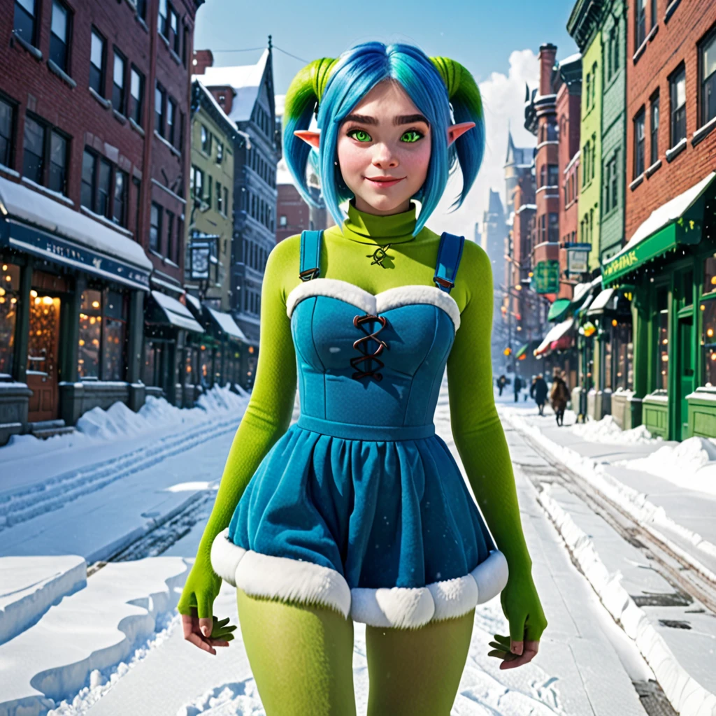 best quality,ultra high res,1girl,solo,full body,snow,city,, blue hair,green eyes,jk, shrek
