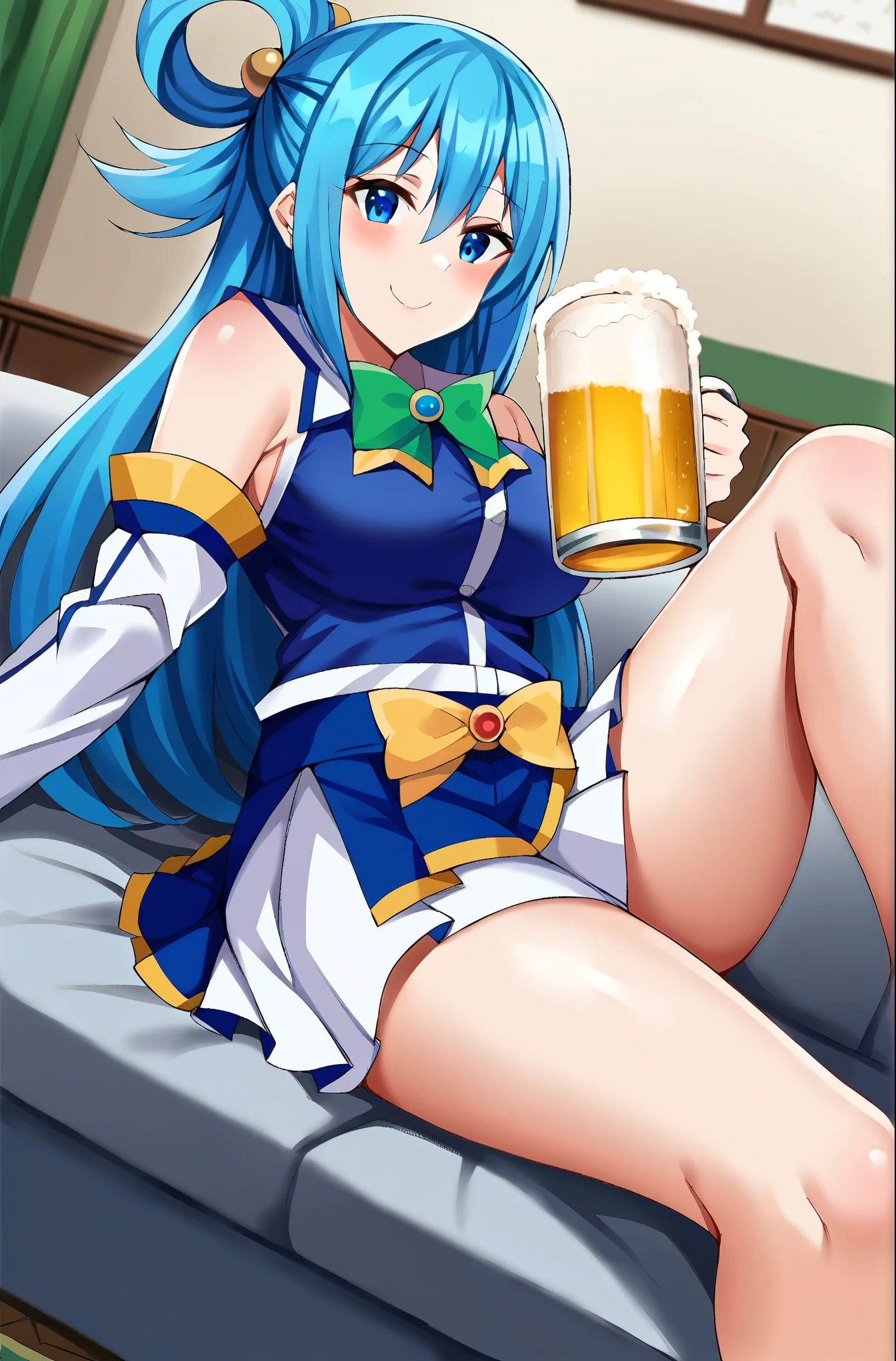 konosubaaqua, goddess of water, long blue hair with waves like waves, deep blue eyes like the sea, hair ornament, pretty hair, blue hair, hair rings, lying lazily on a sofa, mischievous smile, conceited, very short skirt with waves, white stripes under the skirt, blue button-down shirt, exposed thighs, bare shoulders, separated sleeves, white thighs, legs open and separated, lying on the sofa with her arms and legs legs apart, very short skirt shows off her curves, dark blue shirt, green bow decoration on the neck, indoors, home, alcoholic drink on the floor, beer, mug, holding the cup, drinking, looking at the viewer, shot of cowboy, dutch angle,