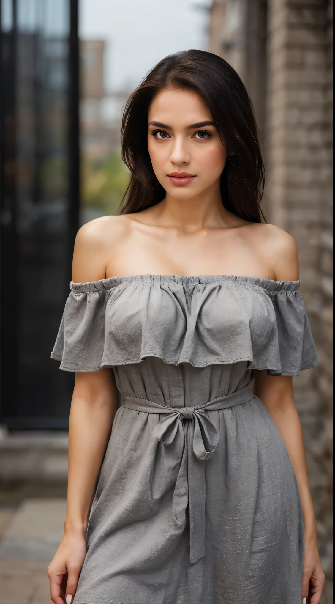 A stunning photorealistic image of a woman exudes elegance and sophistication. In the studio setting, a single girl stands against a faded ash gray background, her gaze directly confronting the viewer's attention. She wears an off-shoulder dress that grazes the floor, its hemline matching the length of her black skirt. Her hair, a subtle blend of 1.2-faded ash gray strands, frames her face with soft, wispy layers. Medium breasts (1.2) and a hint of bustiness (1) accentuate her curves as she stands confidently, her eyes engaging the viewer in a captivating stare.