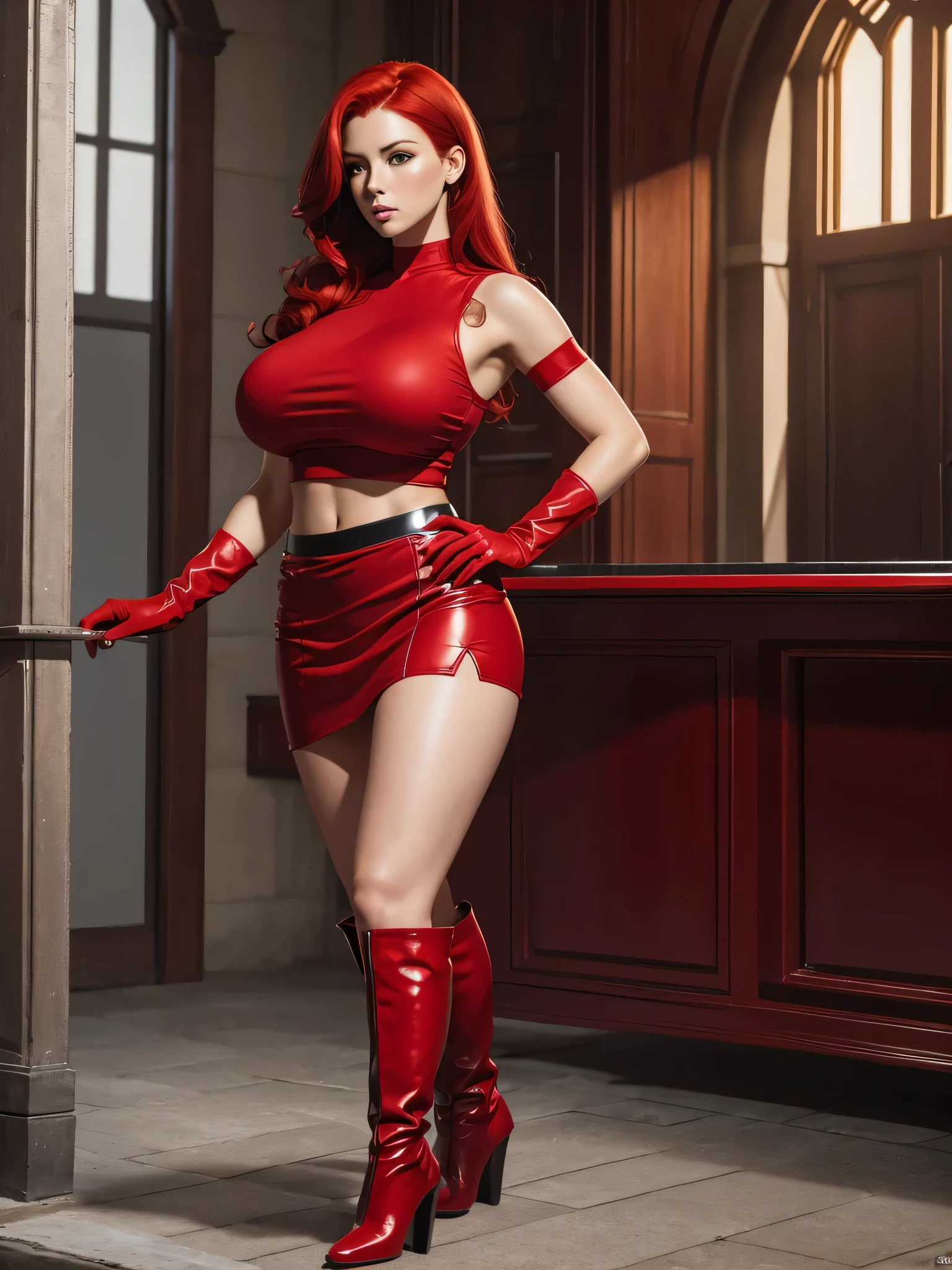 Full body, realistic, 8k, best quality, masterpiece, (1 beautiful woman, solo: 1.1), very big breasts, red hair, red crop top, red skirt, red gloves, red high heel boots