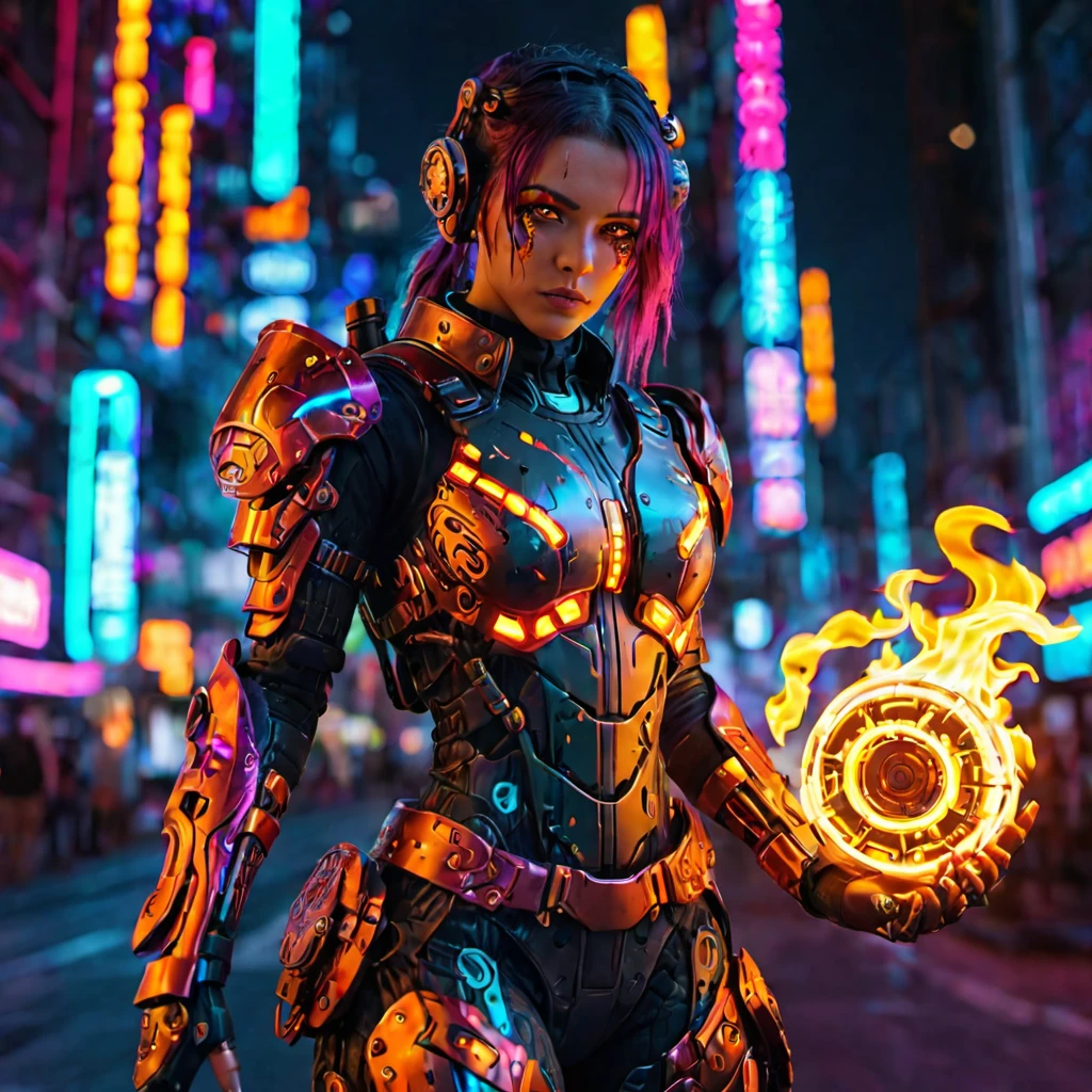 a cyberpunk girl with a flaming suit, cyberpunk armor, glowing eyes, detailed face, intricate mechanical details, neon city background, dynamic pose, volumetric lighting, cinematic mood, vibrant colors, photorealistic, 8k, best quality