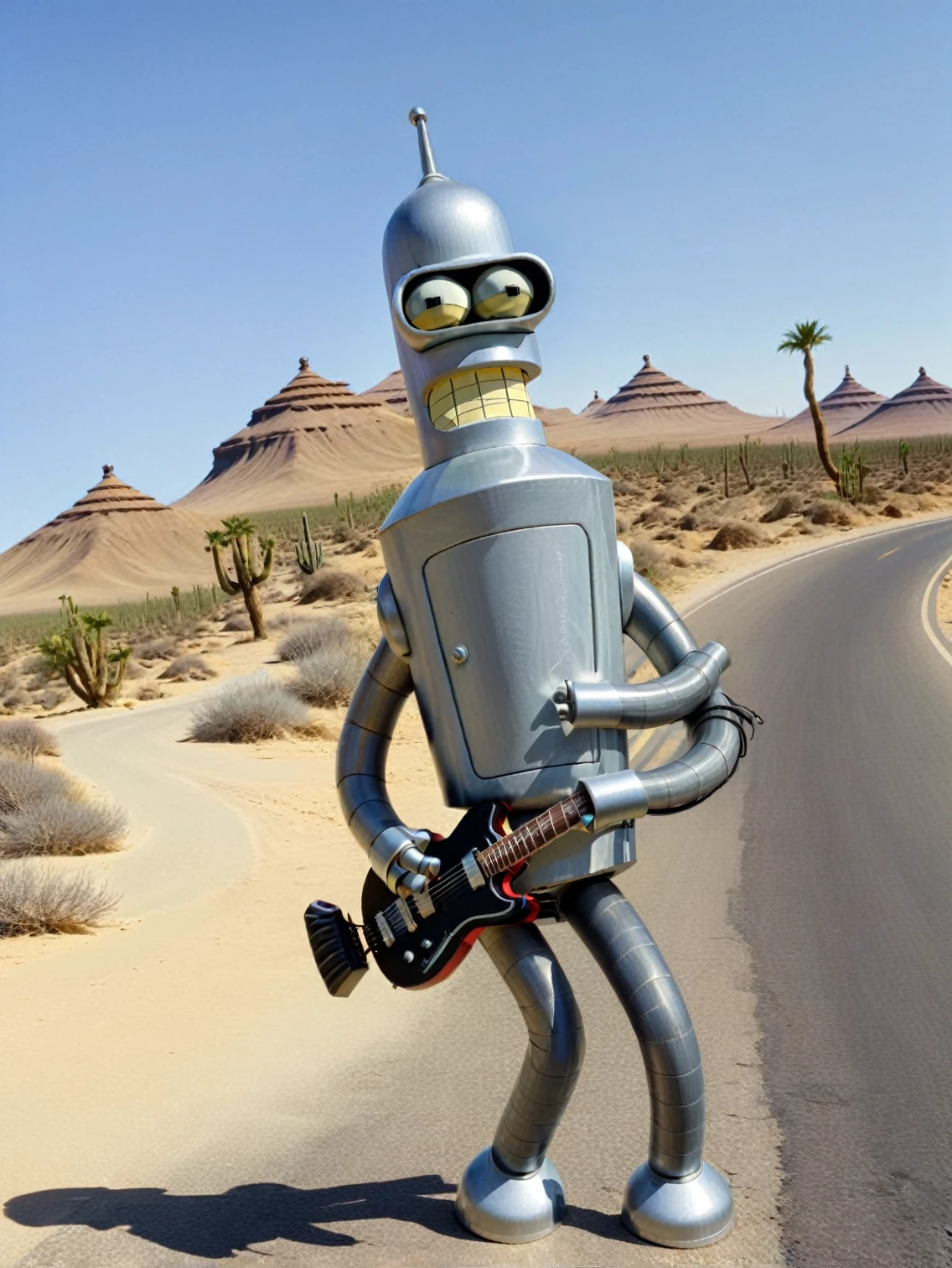 Bender playing Machine Electric Guitar walk dancing on Road in Desert, Bigger Extra Ultra Muscle, Angry and Mad, Style of Futurama 