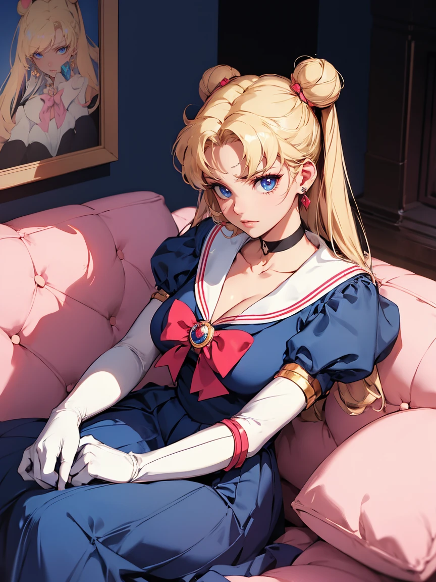 (masterpiece),(sailor moon) (risograph) best quality, full-body shot, expressive eyes, perfect face, medium breast, good breast, beautiful, gorgeous ,sitting on a couch, blonde, medium shot, indoors, lab, cleavage, aausagi, double bun, twintails, parted bangs, circlet, jewelry, earrings, choker, red bow, white gloves, elbow gloves, blue skirt, feminine, blushing,