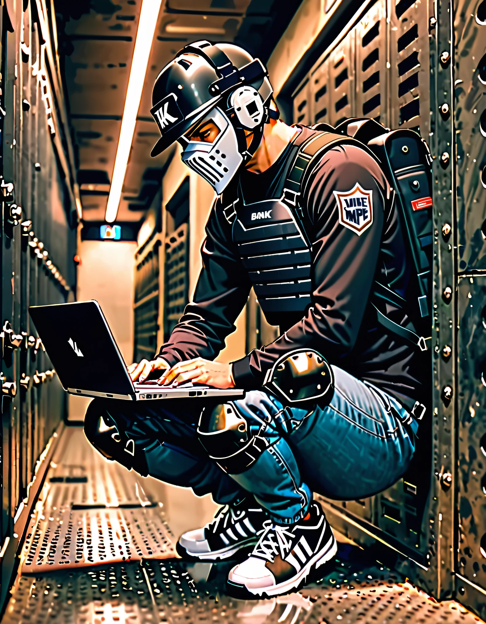 masterpiece, best quality, 1man, male focus, villain, solo, jeans, (umpire chest protector), (using laptop), (knee pads, matching knee pads), (black t-shirt, long sleeves), tactical headset, backpack, (hockey mask), sneakers, full body, looking down, kneeing, bank vault