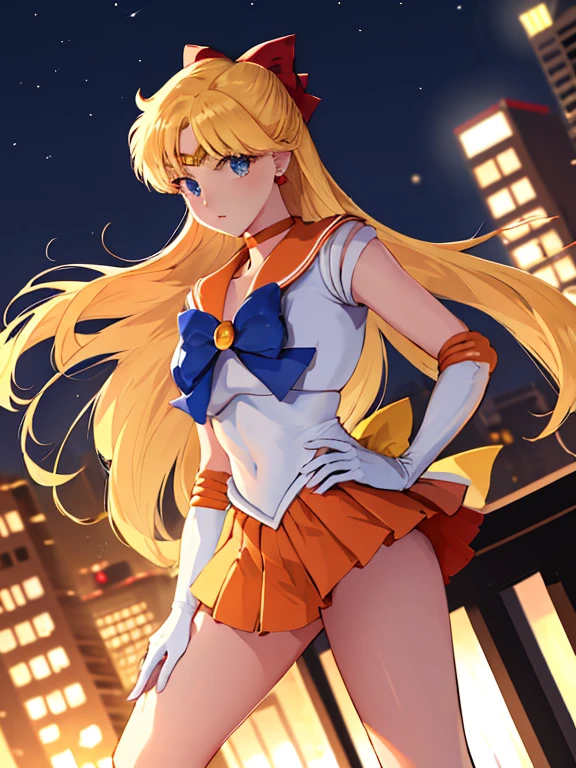 masterpiece, best quality, highres, sv1, sailor senshi uniform, orange skirt, elbow gloves, tiara, pleated skirt, miniskirt, red bow, orange choker, white gloves, jewelry, city, night, moon, cowboy shot, standing,