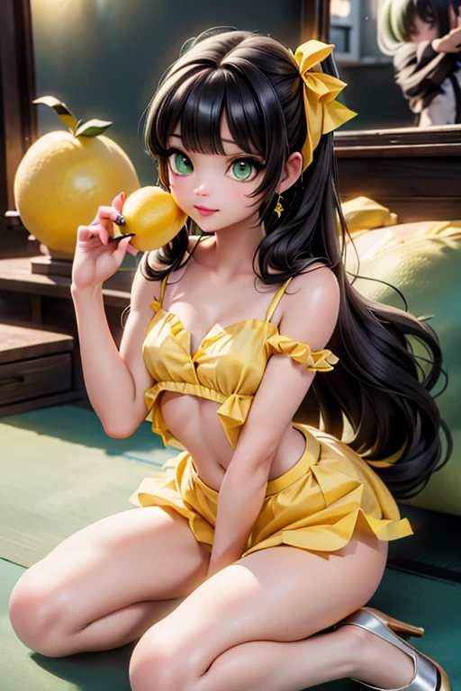 a cute girl ((eating lemon)), ((lemon eating)), (green) eyes, ((green eyeshadow makeup)), red lips, (black hair), very large hair, fashion runway hairstyle, lemon hairbow, lemon earrings, earrings with the shape of lemon, green (choke), (green) strapless crop shirt, (puffy) skirt, white nylons, (green) pumps, ((pumps)), (ankle strap), (slouching), lemon kingdom at night, night scene.