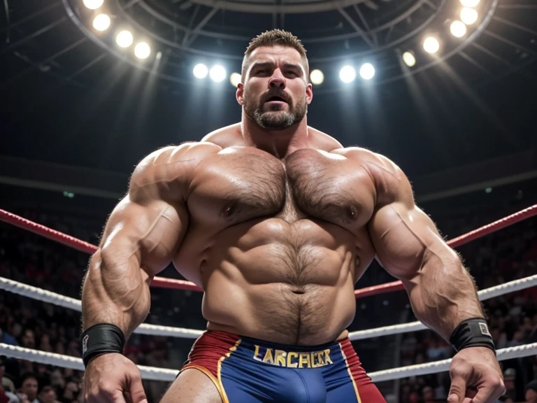 A wrestler, is a very handsome, sweet and truly massive bare-chested monster Caucasian bodybuilder. Intense 40 year old man. powerfully muscled, well-defined six pack and very large bulge in his crotch. Roaring in trumph, hands above his head.